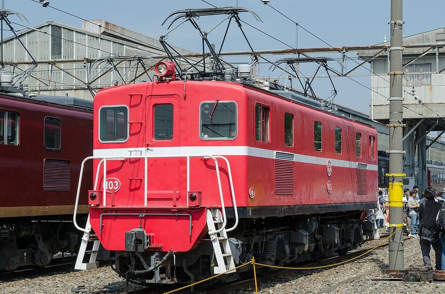 Chichibu Railway DeKi 103 electric locomotive in red livery at Hirosegawara Depot
