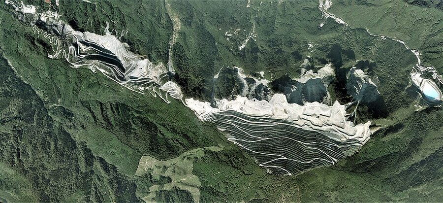 Aerial view of the limestone ridge running west from Mount Buko's summit