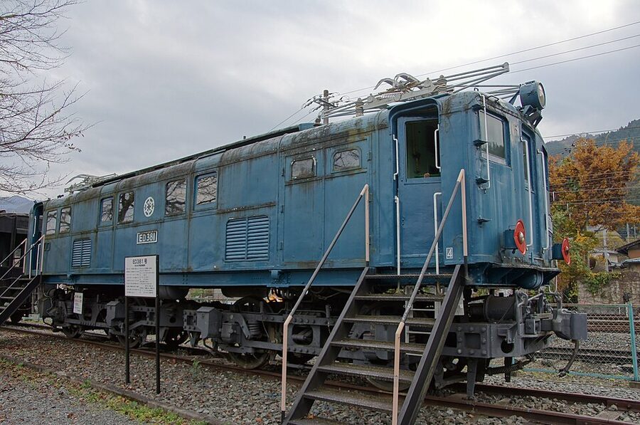 Chichibu Railway ED38 1 historical electric locomotive on display at Mitsumineguchi