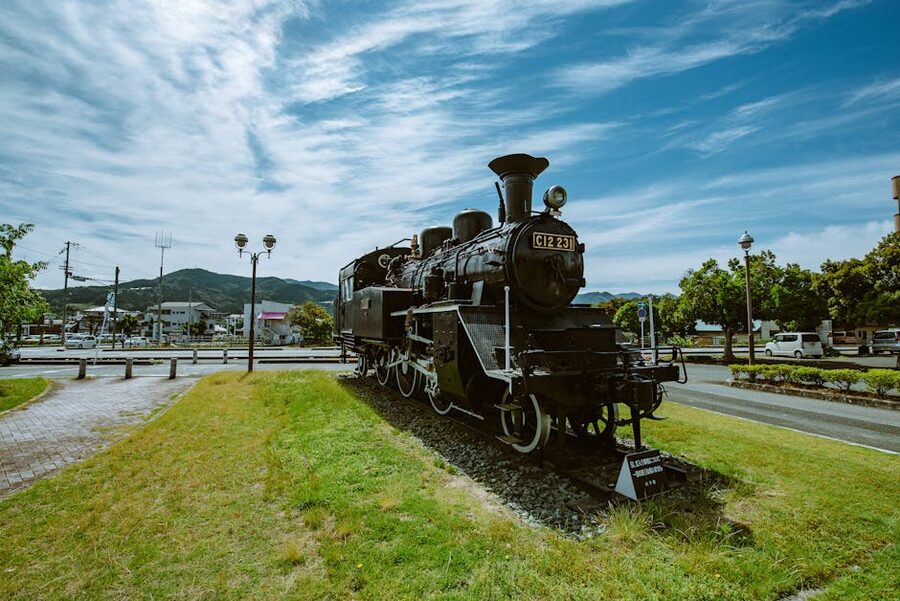 A preserved steam locomotive on a static display