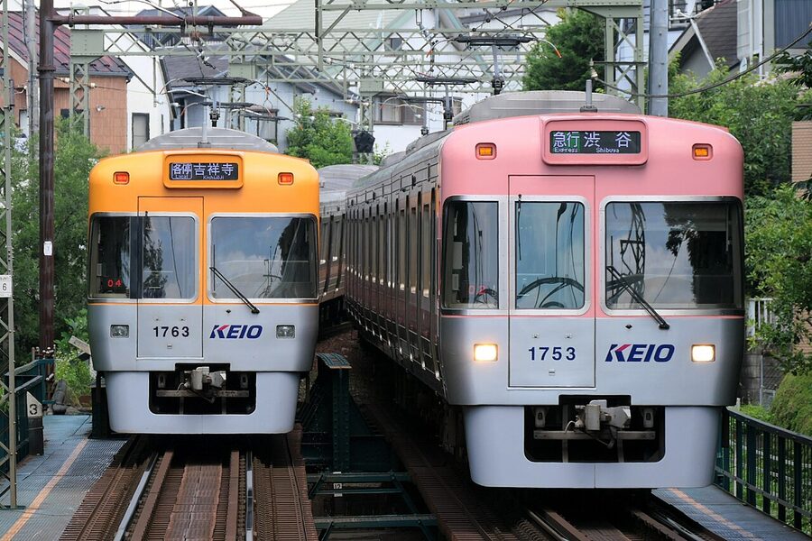 Keio 1000 series II Inokashira Line passing Inokashira-koen Station, June 2020