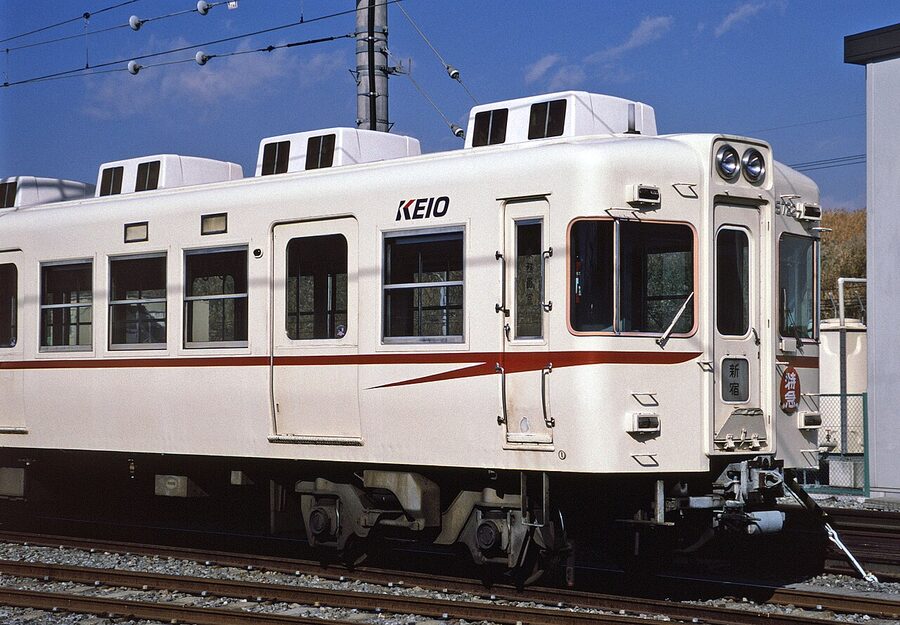 Keio Teito 5000 series at Wakabadai Depot in 1996 with red-purple diagonal restored livery