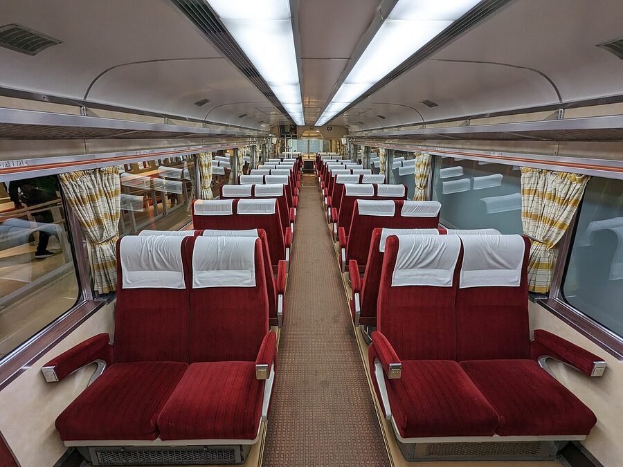 Interior of preserved Odakyu 3100 NSE observation car at Romancecar Museum