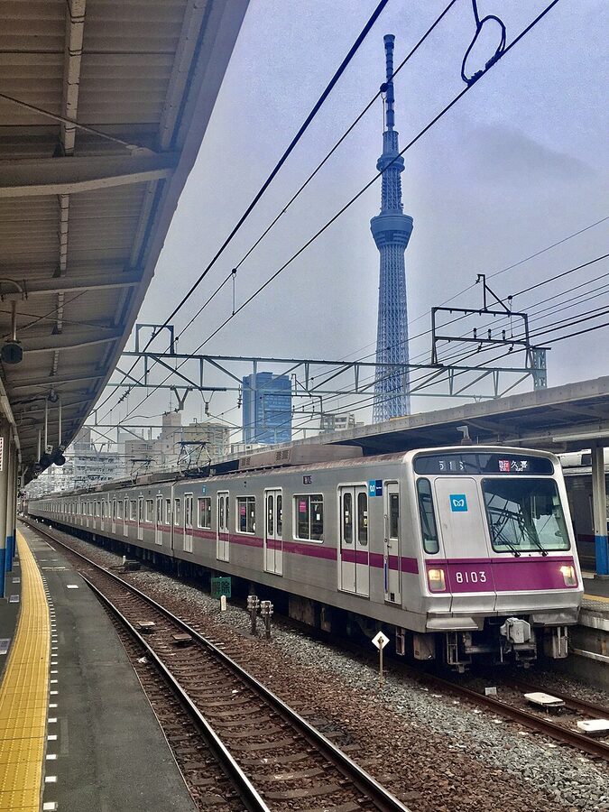 Tokyo Metro 8000 series with Tokyo Skytree visible behind