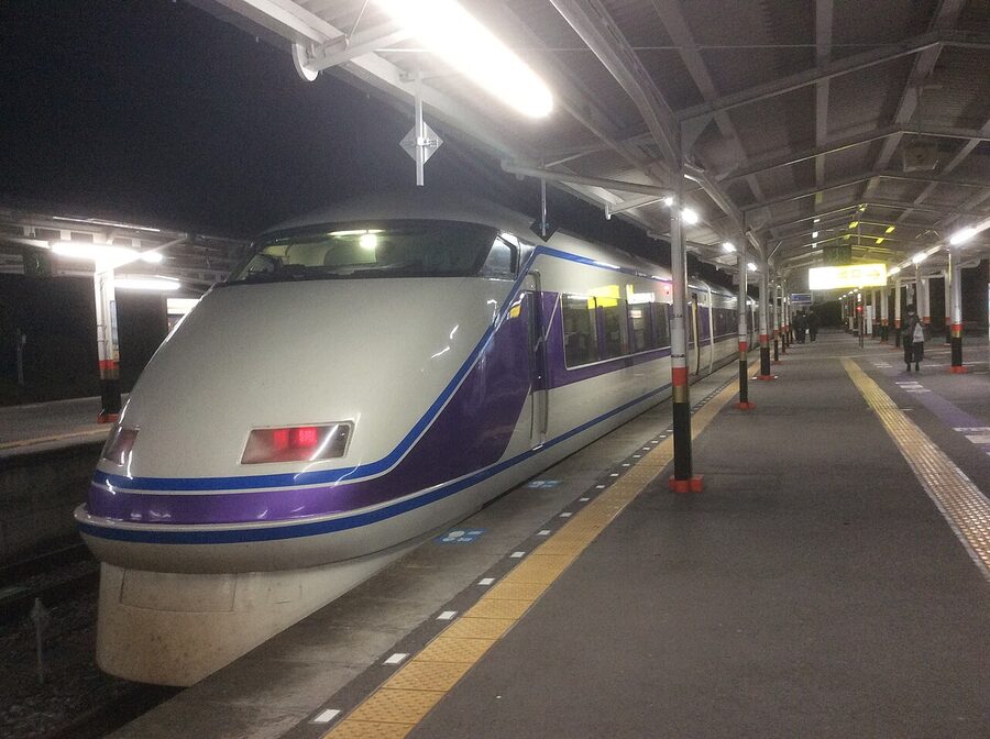 Tobu Spacia at Tobu-Nikko Station platform at night November 2016