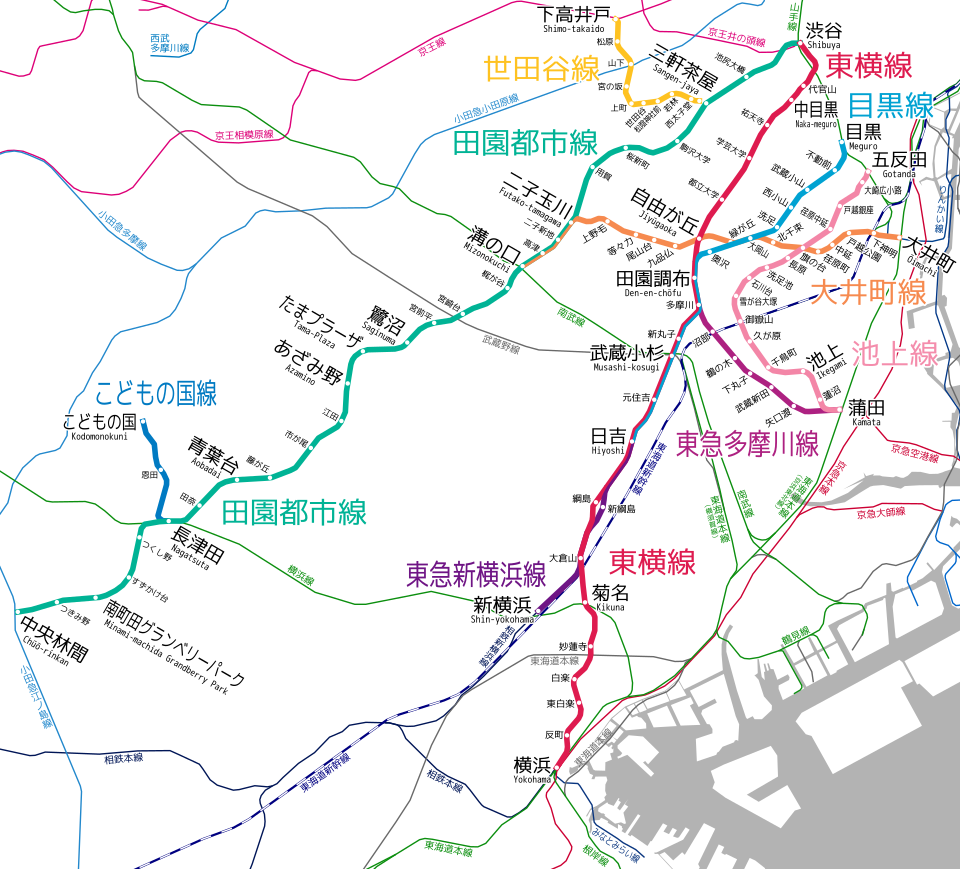 Tokyu Corporation network map showing the eight Tokyu lines around Tokyo and Yokohama
