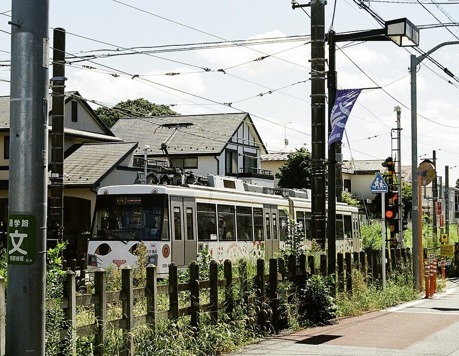 Tokyu Setagaya Line tram in 2024, in service through the Setagaya residential district