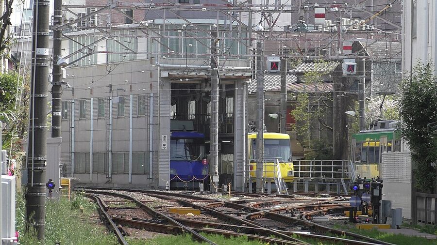 Tokyu Setagaya Line tram depot in west Tokyo, photographed in April 2019