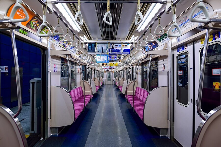 Interior of a refurbished Tokyo Metro 9000 series train