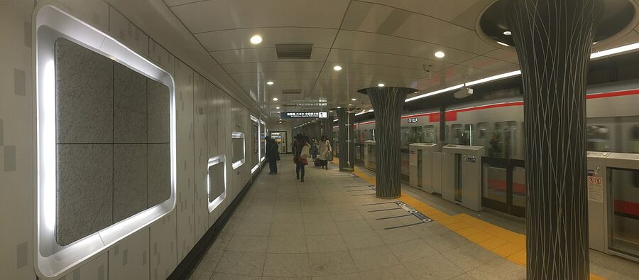 Passengers waiting on the Hibiya Line platform at Ueno