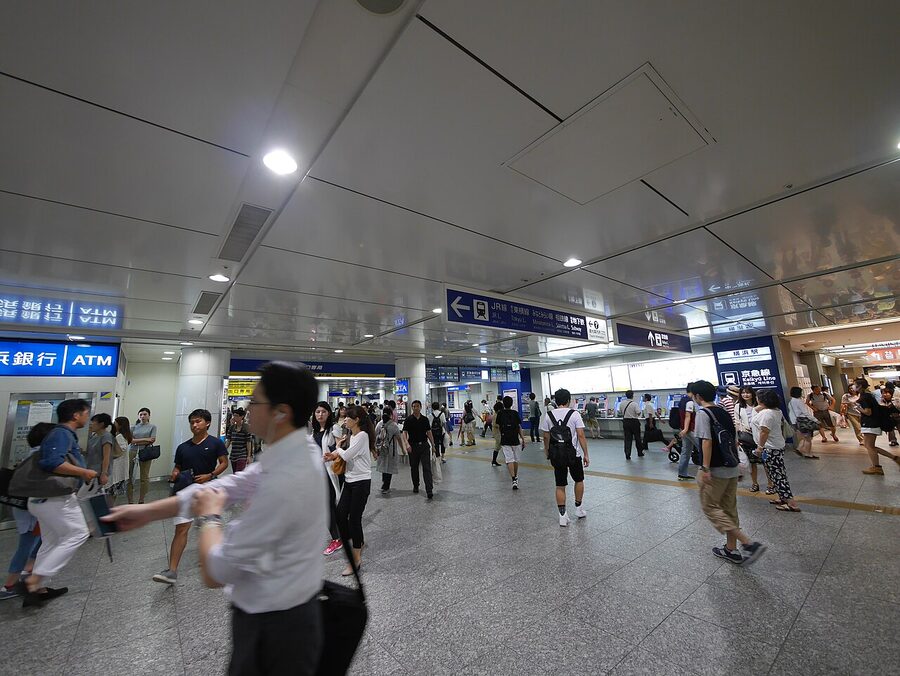 A view of the Keikyu Yokohama station forecourt. The five Keikyu lines (Main, Daishi, Airport, Zushi, Kurihama) converge