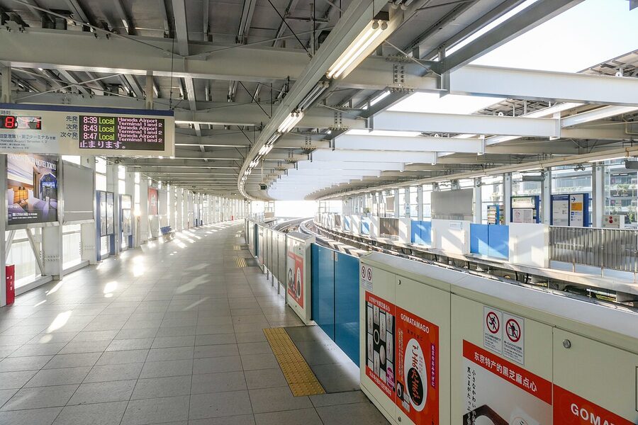 The Tokyo Monorail platforms at Haneda Terminal 3, the rail competitor that owned the Tokyo-Haneda corridor for thirty-f