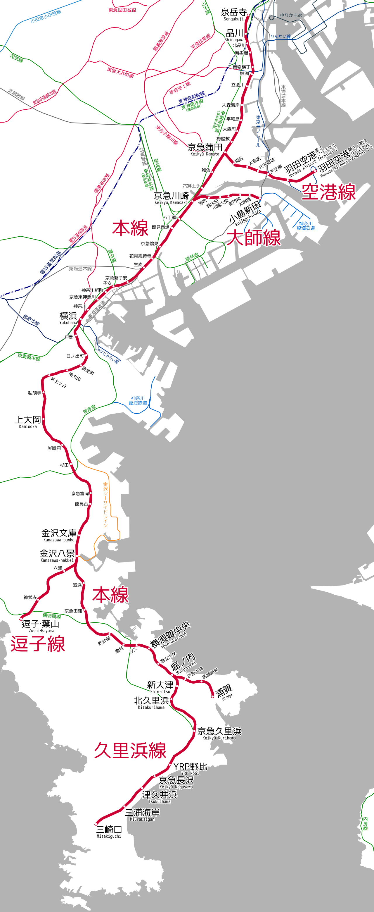 Five lines, 87 km of track, 73 unique stations. The Main Line spine runs Shinagawa to Uraga, with the Airport, Daishi, K