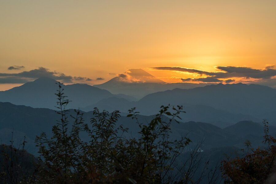 View of Mt Fuji from Mt Takao at sunset
