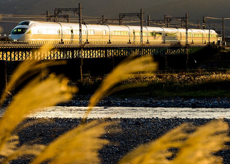 Odakyu 50000 VSE Romancecar crossing Sakawa River bridge in autumn light