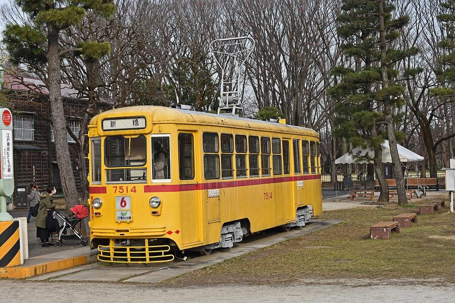 Preserved Toden 7514 streetcar front view at museum