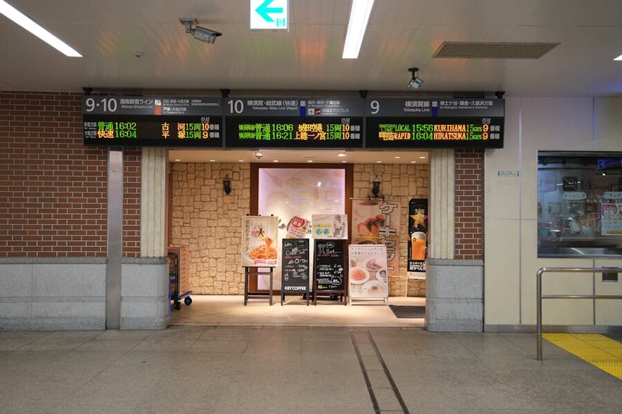 Yokohama Station interior with information board